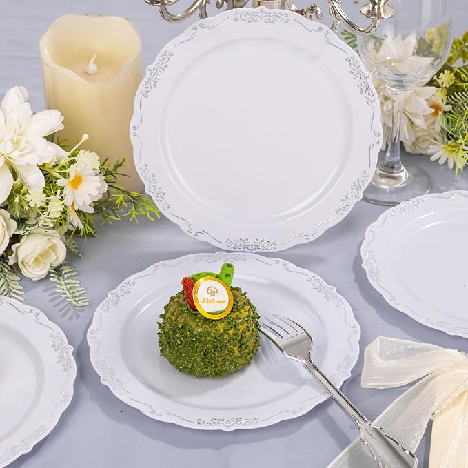DaYammi 60PCS White and Silver Plastic Plates, Heavy Duty White and Silver