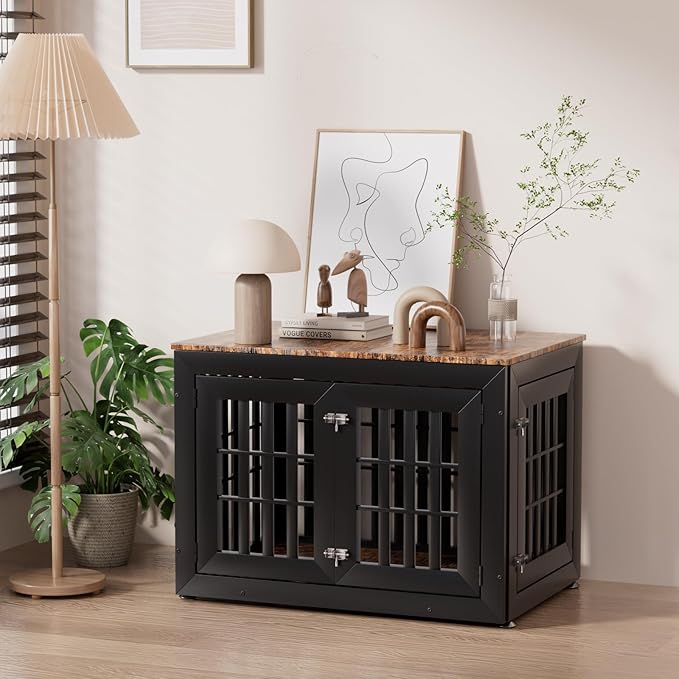 38" Heavy Duty Dog Crate Furniture for Small,Medium and Large Dogs,Rustic Wooden Dog Cage Kennel Indoor Furniture with Waterproof Top,Decorative Pet House Side End Table (Black & Wood)