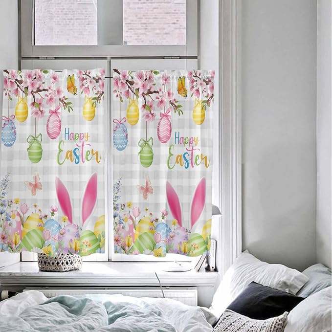 Happy Easter Kitchen Curtains 54 Inches length, Spring Watercolor Bunny Eggs