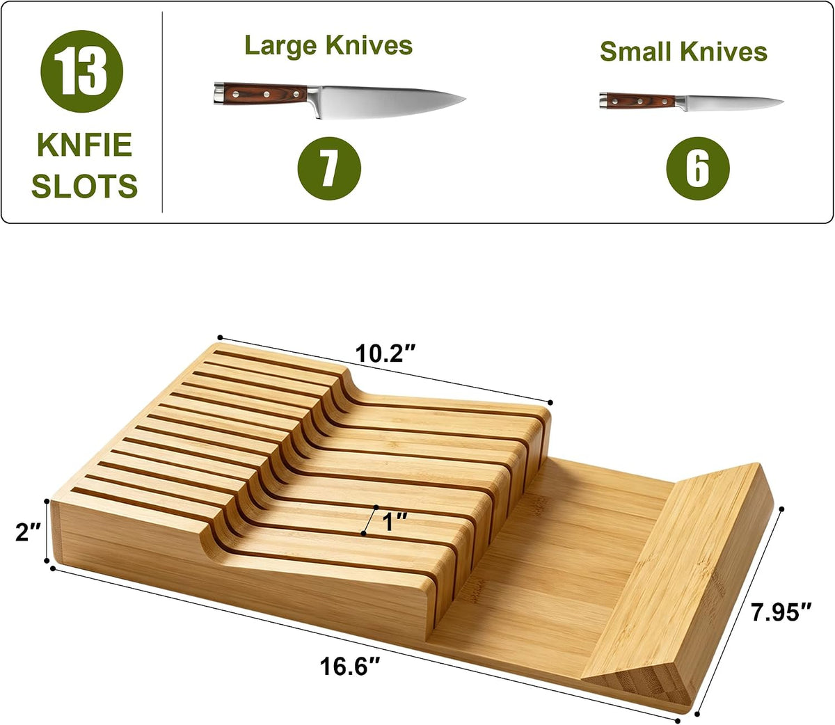 Bamboo Kitchen Drawer Knife Block, In drawer Knife Holder, Knife Drawer Organizer fit for 13 knives