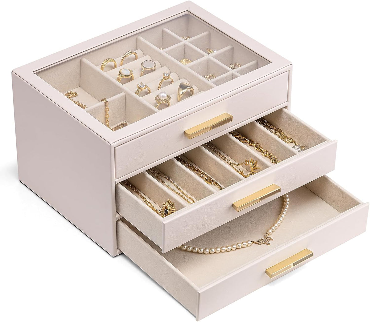 Vlando 3-Drawer Jewelry Box Organizer with Glass Lid, Pink Beige