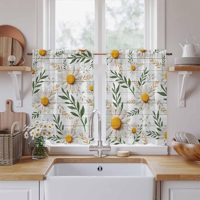 Spring Daisy Tier Curtains, Farmhouse Country Flower Leaf Plant Wood Grain