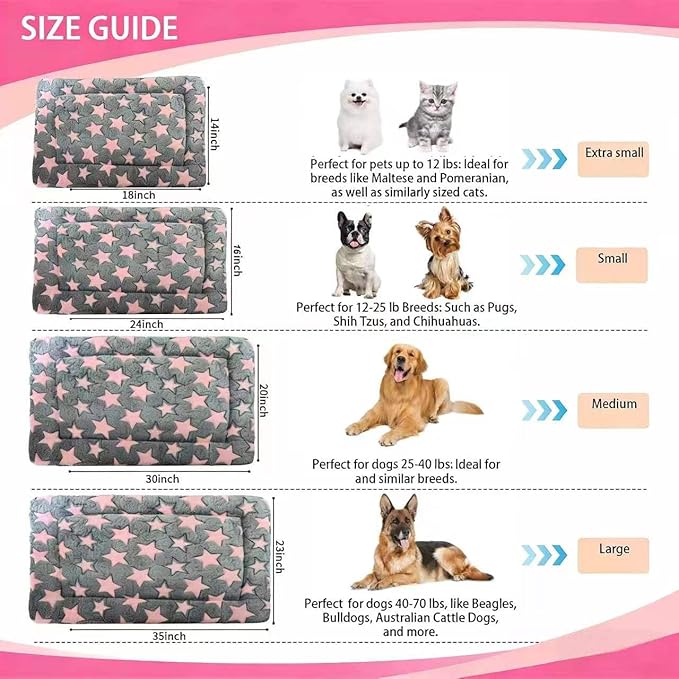 Dog Bed Mat - Reversible Dog Crate Bed Mats, Soft & Breathable Kennel Pad, Durable Crate Bed for Small Dogs & Cats (Pink&Gray Stars, S(24"*16"*1.2"))