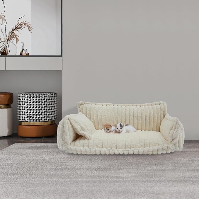Pet Couch Bed for Dog and Cat, Plush Calming Couch for Pets with Removable Washable Cover, Modern Sofa Style Pet Bed for Home Living Room (White)