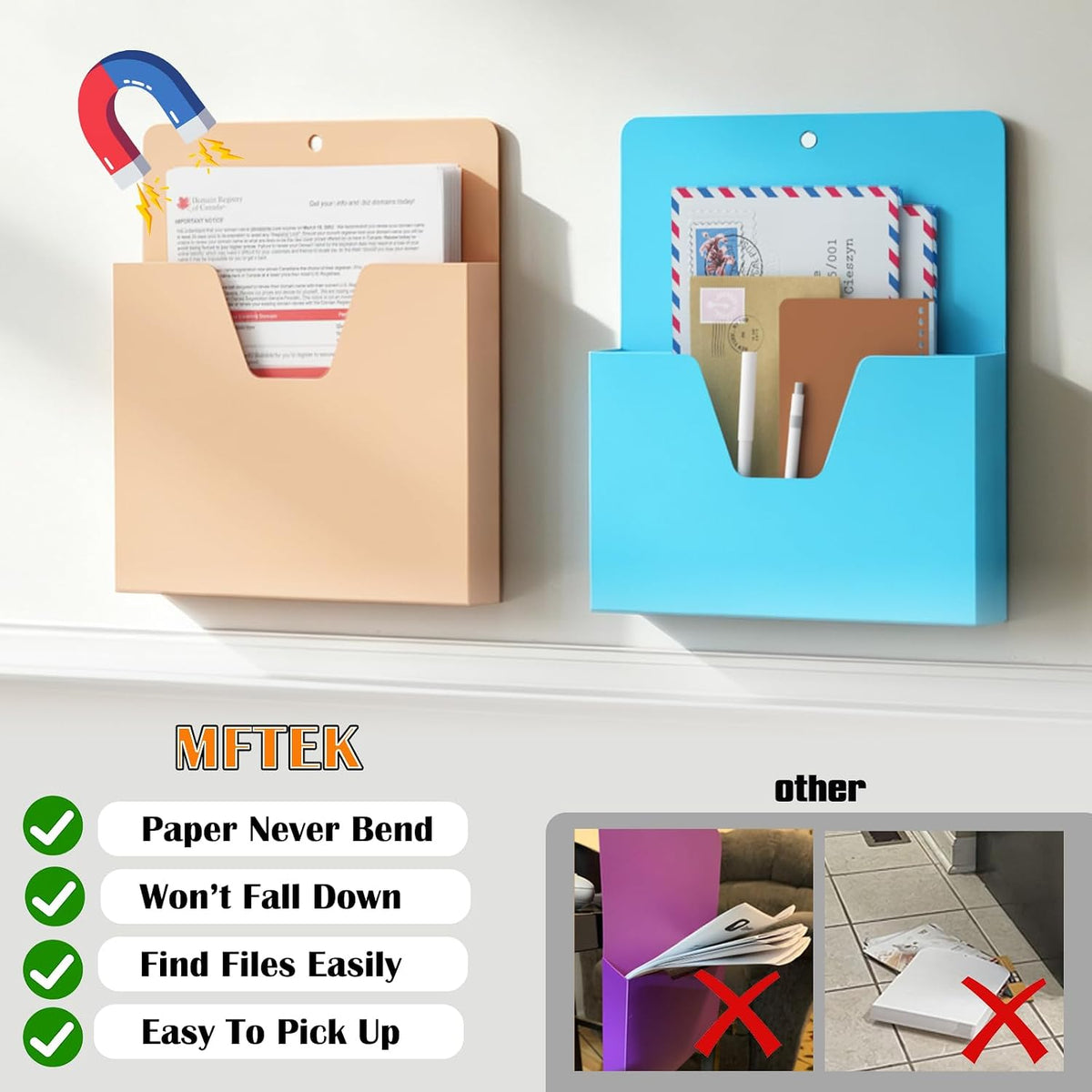 MFTEK Magnetic File Holder 6 Pockets Paper Holder, Hanging File Organizer Office Supplies Storage for Cabinets, Whiteboard, Magnetic Mail Letter Folder for Refrigerator (Pastel Color-Mix)