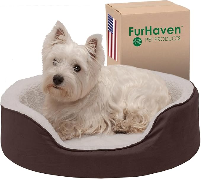 Furhaven Orthopedic Dog Bed for Medium/Small Dogs w/ Removable Washable Cover, For Dogs Up to 18 lbs - Sherpa & Suede Oval Lounger - Espresso, Medium