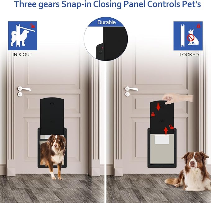 [Classicmacher] Black Frame Dog Doors for Medium Dogs, Strong Plastic Pet Door with Sliding Lock Panel and Magnetic Soft Flap, Doggy Door for Door, Doggie Door (Medium, Mattle Black)