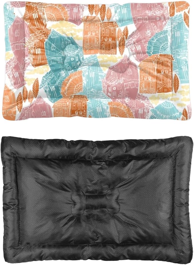 Coloful Village Scene Modern Dog Bed Easy to Clean Dog Mats for Sleeping Pads Large Crate Pads Washable Non-Slip Bed for Small Crate Cute Mat Car Pillows Indoor Outdoor 36X24 Inch