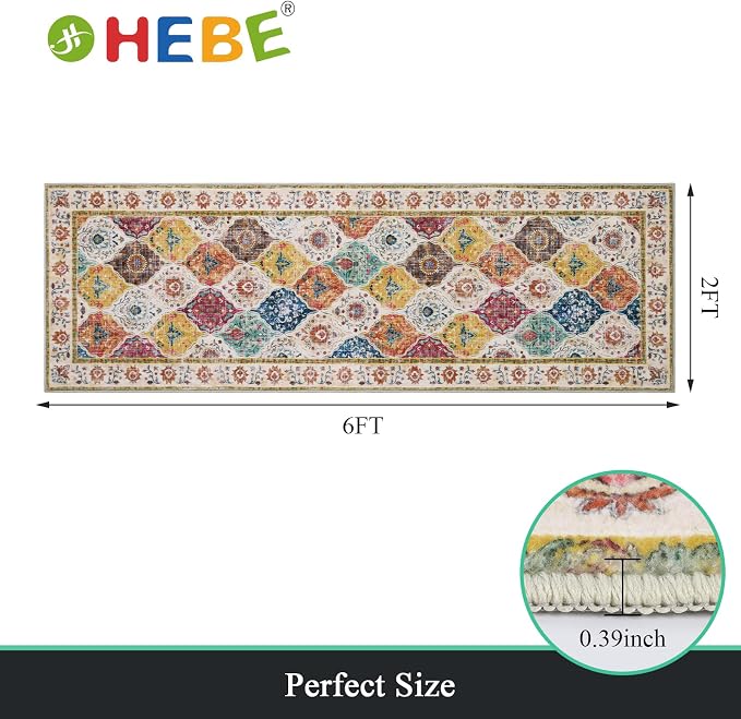 HEBE Hallway Runner Rug 2'x6' Washable Vintage Distressed Area Rugs Non Slip