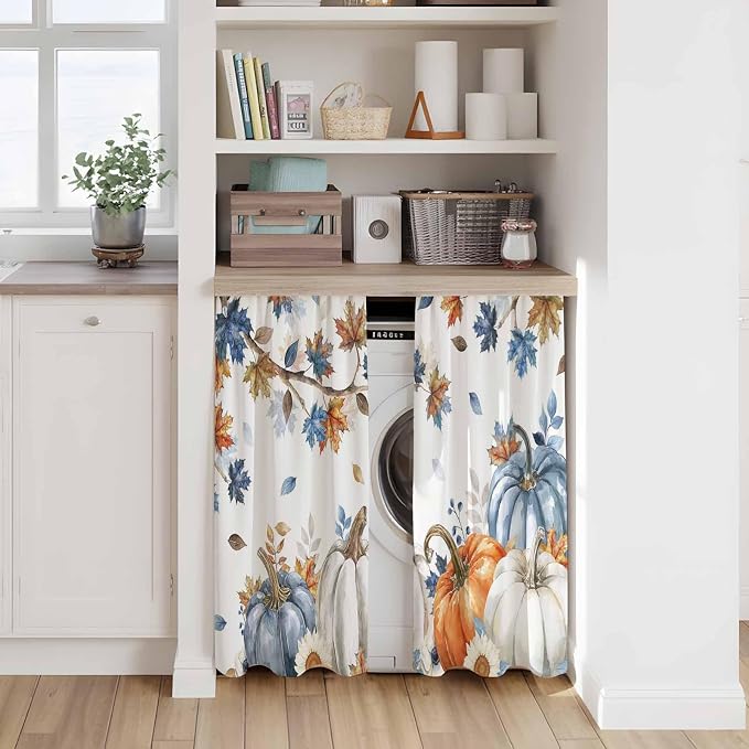 Navy Blue Pumpkin Fall Kitchen Tier Curtains 45 Inch Long 2 Panel Set, Rod