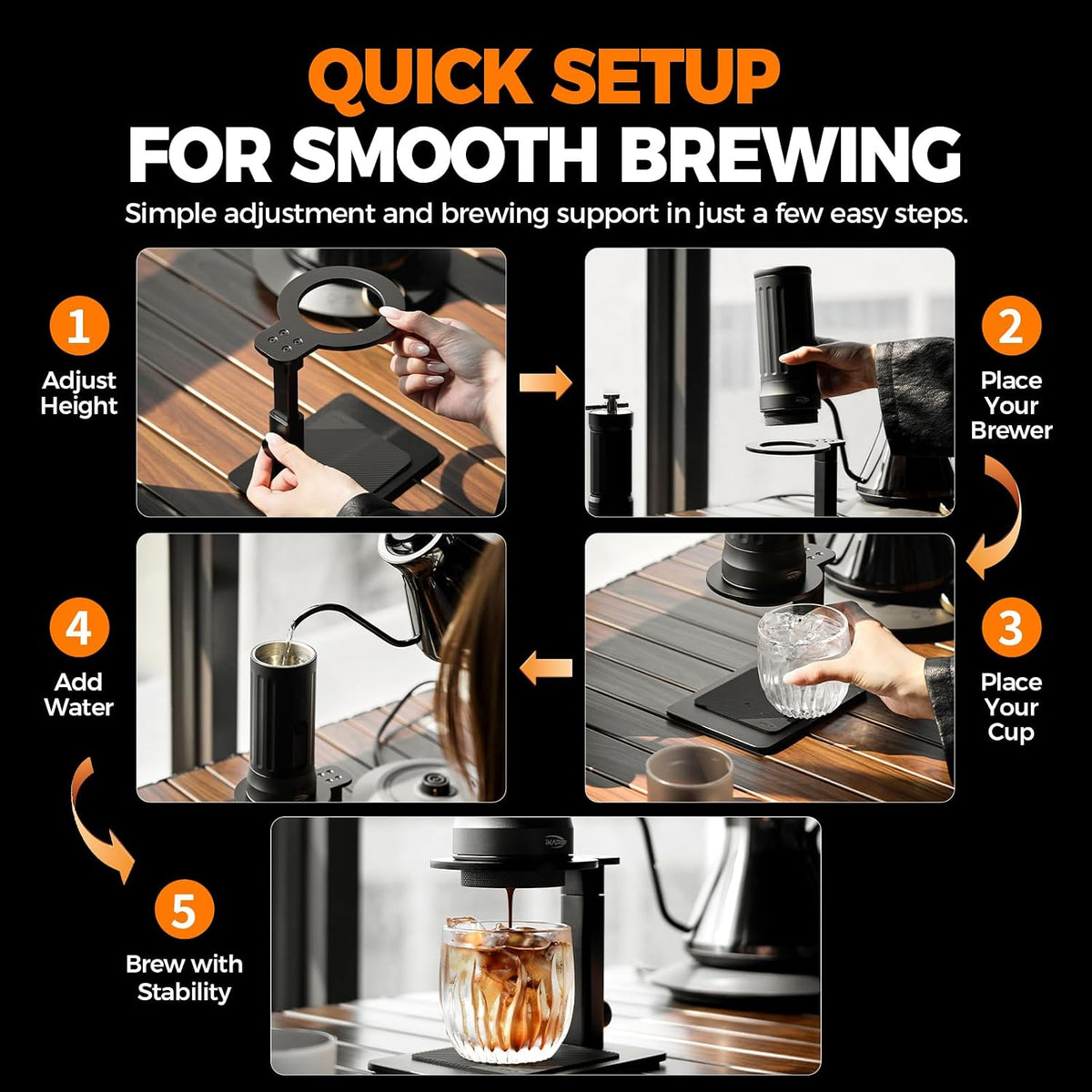 IKAPE Adjustable Portable Coffee Maker Stand, Aluminum Alloy Universal Coffee Machine Holder with Anti-Slip Base, Height Adjustable 13–19.5cm, for Home, Office & Camping