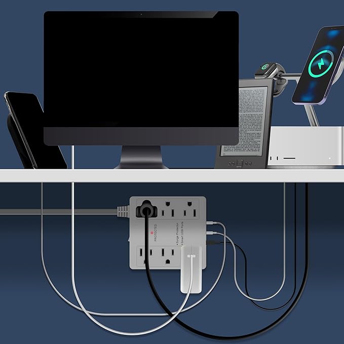 LIDER Outlet Extender with 6 Receptacles, USB-A and 2 USB-C, Ultra-Thin Flat-Plug, 6-Outlet Power Strip, Slim Angled Design, Surge Protector, 1500 Joules, 5ft Cord, UL-Listed, White, 2 Pack