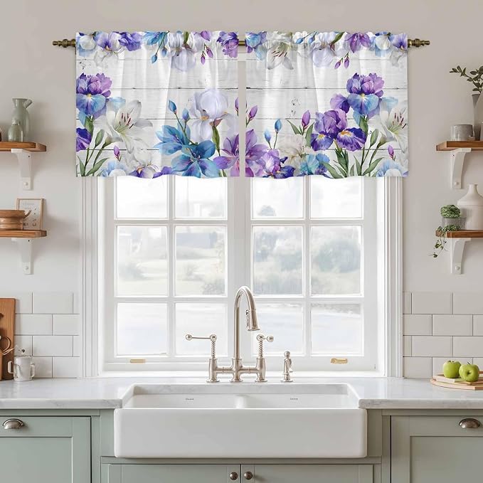 Spring Flowers Tier Curtains, Watercolor Garden Florals Wooden Grain Light