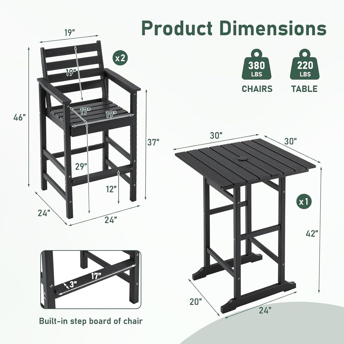 Furnimart 2-Piece Adirondack Bar Height Patio Set, Tall Outdoor Bar Chairs with Wide Seat & Footrest, All-Weather HDPE Bar Set for Balcony, Poolside, Backyard, Black