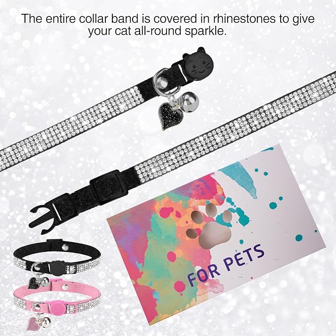 Rhinestone Cat Collar Breakaway with Bell, Diamond Cat Collar with Safety Buckle Quick Release for Girl Boy Small Kitten Pets Puppy,Cute Soft Female Male Cat Collars, Color Pink & Black 7-9"