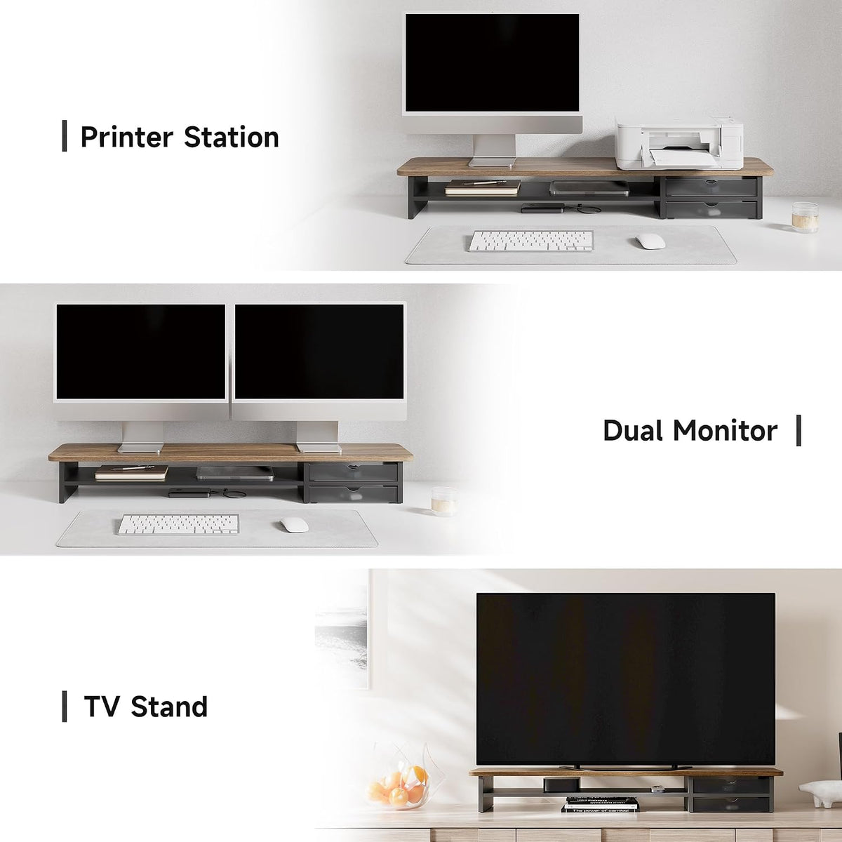 Fenge Monitor Stand, Desk Computer Riser with Frosted Storage Drawer, Brown