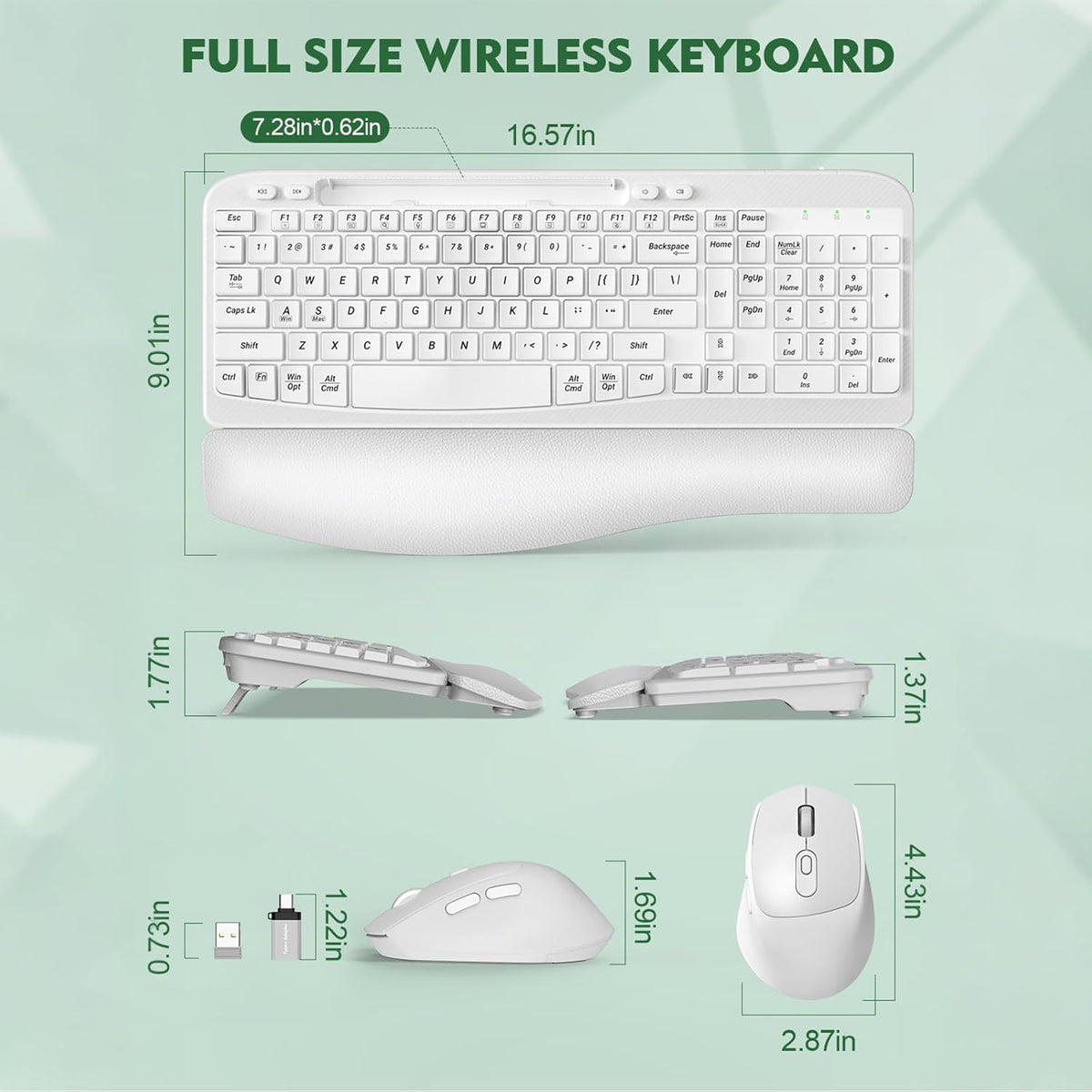 Wireless Keyboard and Mouse Combo, Full-Sized Ergonomic Wave Keys Keyboard with Memory Foam Wrist Rest & Phone Holder, 2.4G Quiet Keyboard Mouse Work Setup for PC Laptop, Office or Home (White)