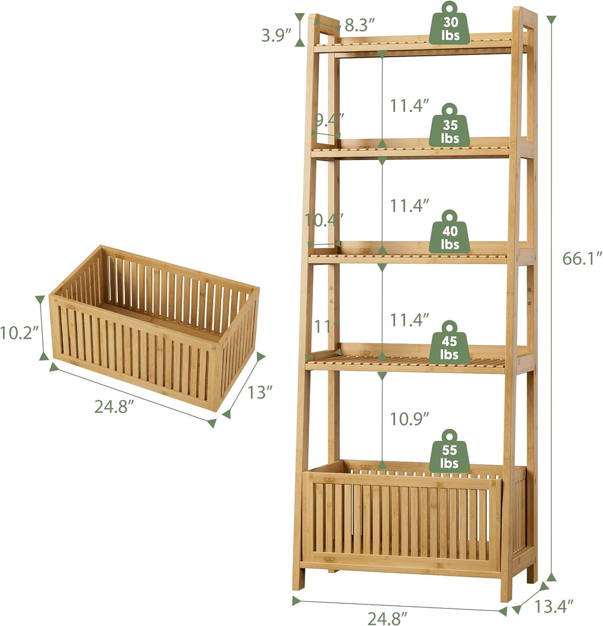 Bamjoy Bamboo Ladder Shelf, Bookshelf with 4 Display Shelves and 1 Open Storage Basket, Multifunctional Storage Rack Organizer for Home Office, Bedroom, Living Room, 66” H Natural
