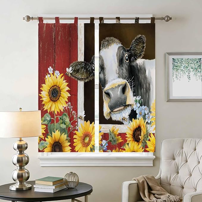Cows Sunflowers Bedroom Curtains 72 Inch Length, Window Curtains Tab Top