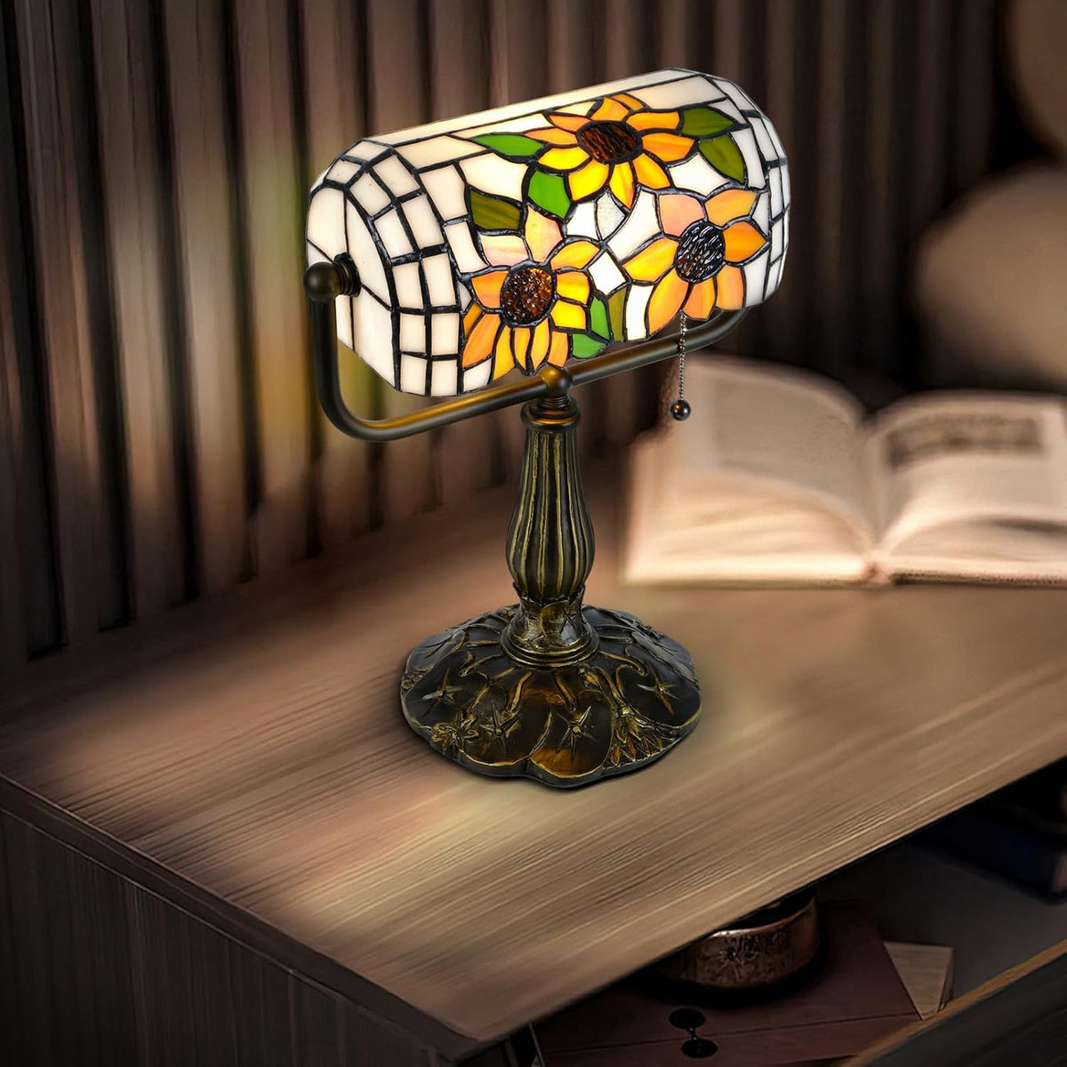 Bankers Desk Lamp, Sunflower Stained Glass Piano Light