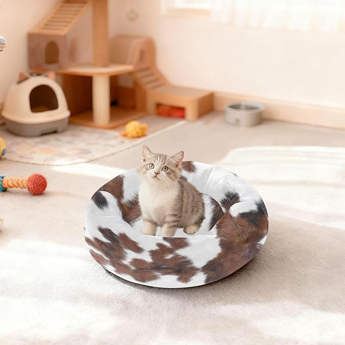 Round Cat Bed Dog Bed,20in Cow Print Washable Non-Slip Bottom Soft Pet Bed for Small Medium Dogs and Cats