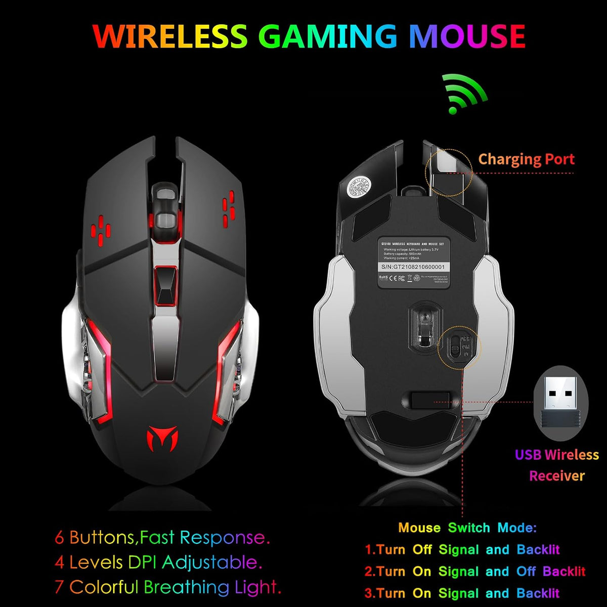 Wireless RGB Gaming Keyboard and Mouse - Rechargeable RGB Backlit,Long Battery Life,Mechanical Feel,7 Color Gaming Mouse for PC Game and Work