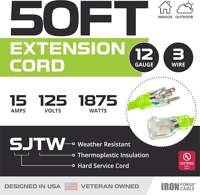 Iron Forge Cable Weatherproof 50 Ft Outdoor Extension Cord - 12/3 SJTW 15 Amp Heavy Duty Light Green High Visibility Cable with 3 Prong - Lighted End