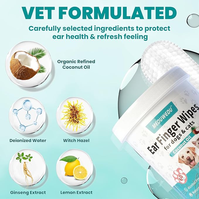 Ear Cleaner Finger Wipes 60 Counts, Dog Ear Cleaner, Grooming Kit Care for Dogs and Cats, Soft & Easy Otic Cleaning Pads, Remove Wax, Dirt & Stop Smelly, Itchy, Non-Irritating, Coconut Scent
