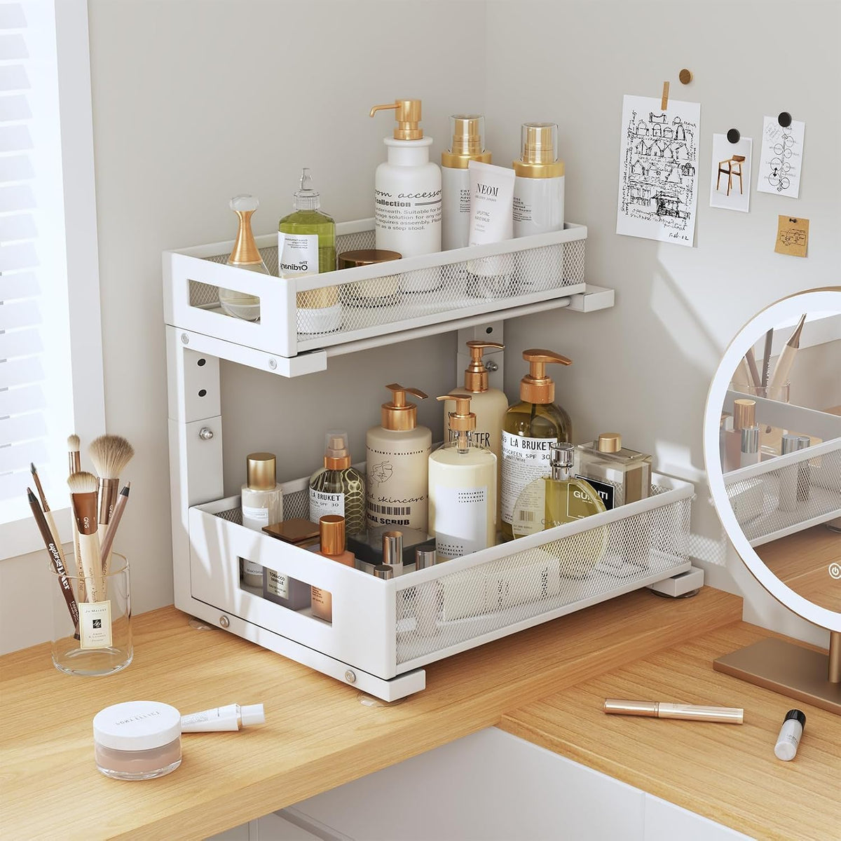 2-Pack Under Sink Storage Organizer, Large 2-Tier Elegant Mesh Pull Out Shelf for Kitchen and Bathroom Cabinet Organization, L-Shaped and Adjustable Height Design for Maximum Space Efficiency-White
