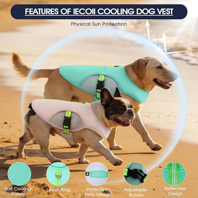 IECOii Reflective Dog Cooling Vest for Hot Weather, Soft Cooling Jacket Summer Dog Cooler Shirt with Leash Ring, Breathable Pet Cool Harness for Outdoor Walking, Hiking, Beach, Turquoise, Size L