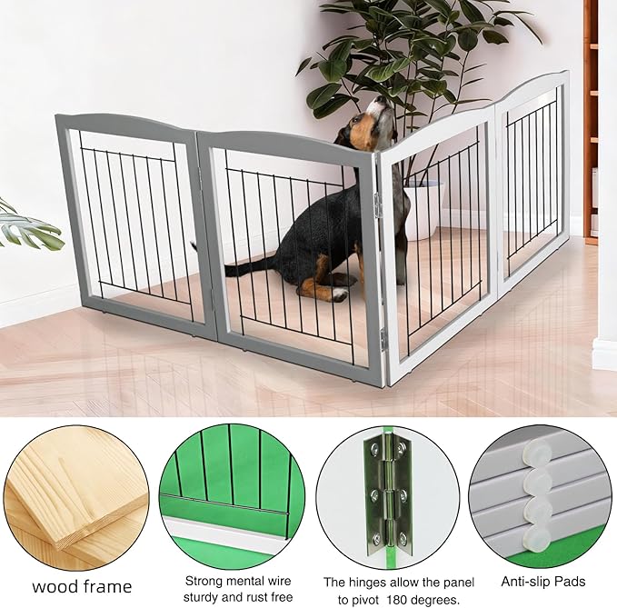 ZJSF Freestanding Foldable Dog Gate for House Extra Wide Wooden Grey Puppy Gate Stairs Dog Gates Doorways Tall Pet Gate 32" Height 4 Panels Pet Fence