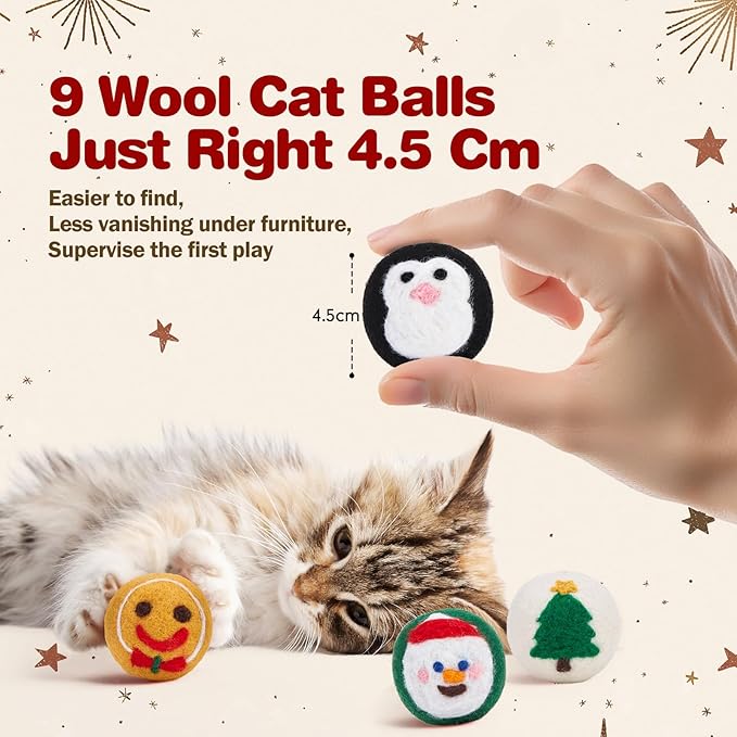 FOFOS Wool Cat Balls 9 Pcs Christmas Cat Toys Balls Hand Felted Wool Cat Toys Kitten Exercise Toys for Indoor Cats 1.7 Inches