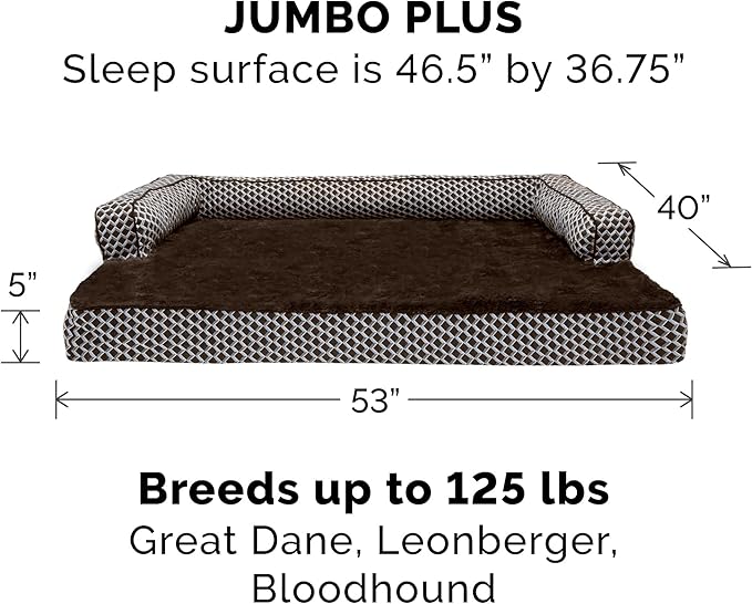 Furhaven Memory Foam Dog Bed for Large Dogs w/ Removable Bolsters & Washable Cover, For Dogs Up to 125 lbs - Plush & Woven Decor Comfy Couch Sofa - Diamond Brown, Jumbo Plus/XXL