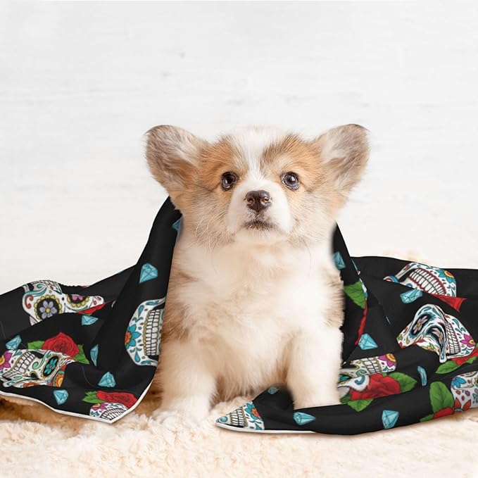 Dog and Cat Blanket in One, Floral Rose Flowers Day of The Dead Sugar Skulls, Double Sided Plush Throw with Raised Dot Pattern on One Side and Flat Velvet on Other for Variety