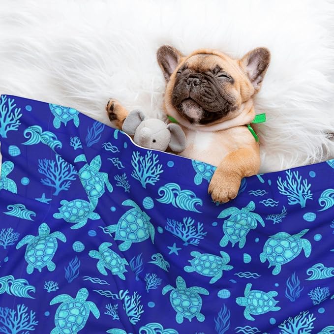 Two Sided Plush Pet Blanket for Crates Carriers Home Use, Watercolor Blue Sea Turtle, Reversible Throw with Cozy Dot Fabric and Silky Reverse for Small Large Pets