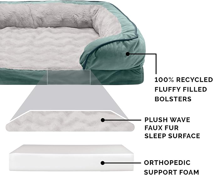 Furhaven Orthopedic Dog Bed for Large Dogs w/ Removable Bolsters & Washable Cover, For Dogs Up to 125 lbs - Plush & Velvet Waves Perfect Comfort Sofa - Celadon Green, Jumbo Plus/XXL