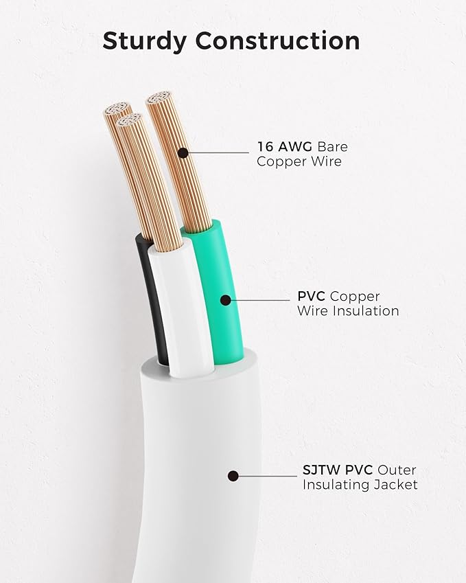 [UL Listed] Cable Matters 2-Pack 16 AWG Heavy Duty 13A Short Power Extension Cord - 1ft, 3 Prong Power Cord Extension, NEMA 5-15P to NEMA 5-15R, White