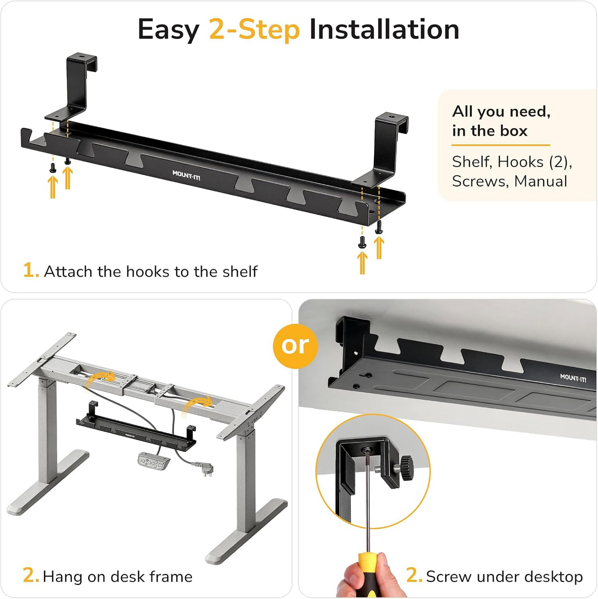 Mount-It! Premium Under Desk Cable Management Tray – 23" Heavy-Duty Steel Cable Tray & Cord Basket for Standing Desk & Home Office, Secure Crossbar or Screw Mount Wire Organizer (Black)