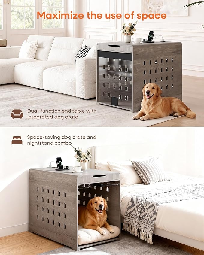 Modern Dog Crate Furniture with Charging Station Large Kennel Indoor with Flip-up Hidden Acrylic Door for Large and Medium Breeds up to 110lb Wood Pet End Side Table Cage, Grey