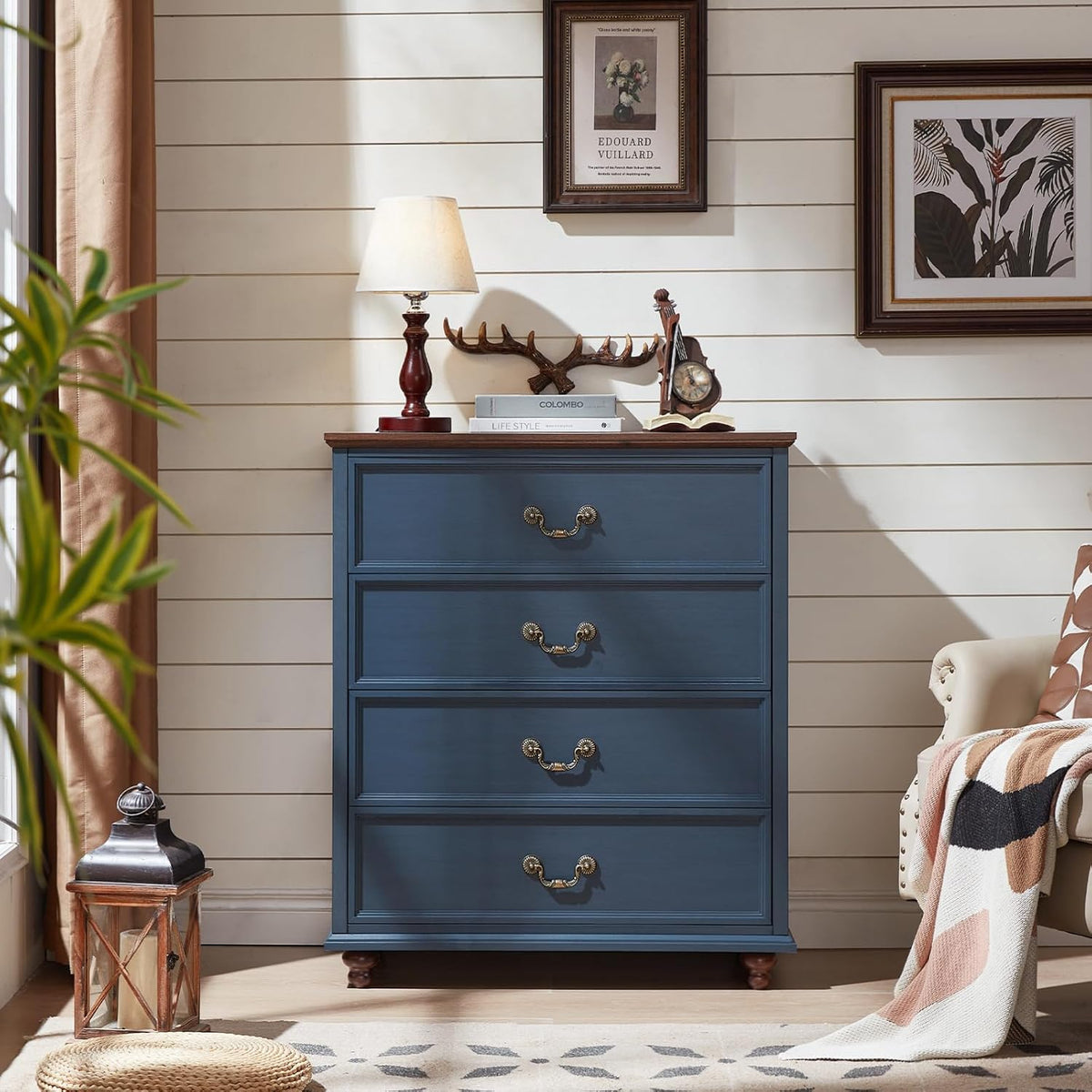 Joaxswe Farmhouse 4 Drawer Dresser for Bedroom, 37" Tall Rustic Chests of Drawers w/ 4 Solid Wood Feet, Mid Century Modern Wooden Closet Storage Dressers Organizer for Living Room, Hallway, Navy Blue