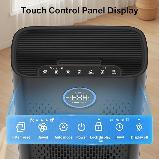 Air Purifiers for Home Pets Up to 3000Ft², H14 HEPA Large Room Air Purifier with PM2.5 Air Quality Monitor, Sleep Mode, Air Purifiers for Bedroom Office for Allergies, Smoke, Dust, Pollen,8000B,Black