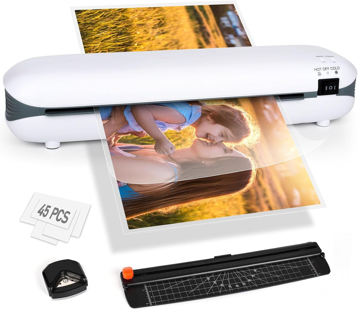Laminator 9 Inch A4 Laminator Machine, Desktop Thermal Laminator Never Jam 45 Laminating Pouches with Paper Trimmer, Fast Warm-Up Home Office School Use, White
