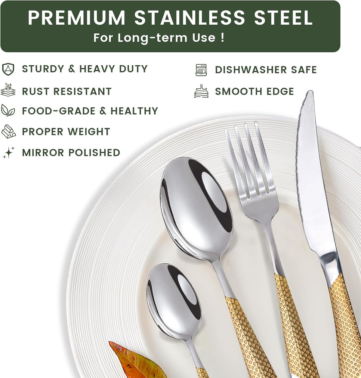 24-Piece Silverware Set with Organizer, Stainless Steel Flatware for 6, Cutlery Utensil Sets with Antiskid Handle, Rust-proof Stainless Steel Cutlery, Mirror Polished,Dishwasher Safe (Gold-silver)