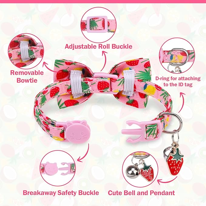 Cat Collar with Bell Bow Tie Fruit Breakaway Bowtie Cat Collar for Spring Summer, Adjustable Safety Kitten Collars with Removable Bowtie & Charm for Boys Girls Male Female Cats