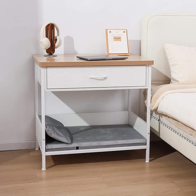 Multi-Functional Dog Bed End Table with Storage Drawer, Open Design Pet Bed with Removable Washable Cushion, Comfortable Resting Spot for Small & Medium Dogs, Indoor Use (White)