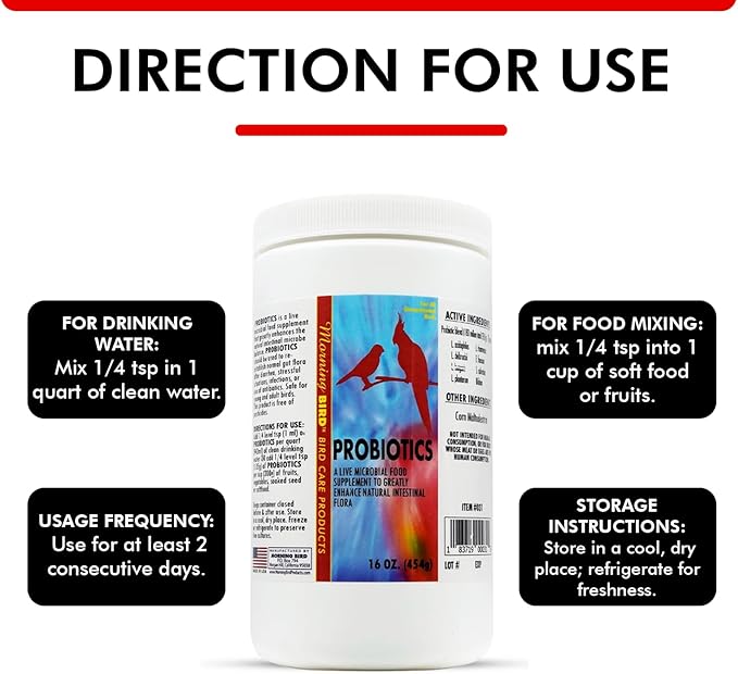 Morning Bird Probiotics for Birds 16 oz – Digestive Health Supplement Supporting Gut Balance, Nutrient Absorption & Immune Support – Easy Mix Powder Supplement for All Bird Species