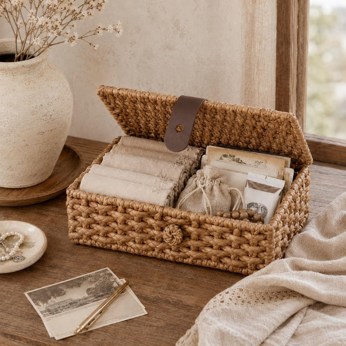 2Pcs Decorative Box, Wicker Basket with Lid, Water Hyacinth Basket for Home