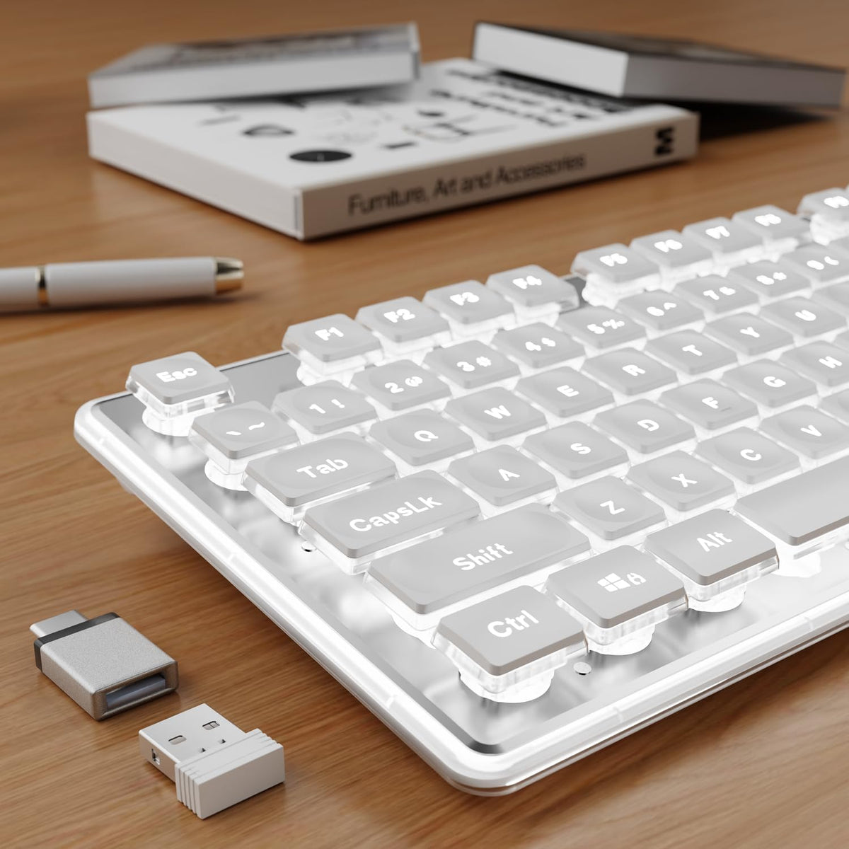 Wireless Keyboard with White Backlit, Quiet, Rechargeable, 2.4GHz, White