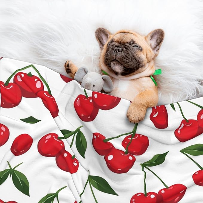 Cherry Print Soft Plush Pet Blanket, Washable Dog Blanket, Cat Fleece Throw, Puppy Bed Crate Mat & Sofa Couch Protector - Medium