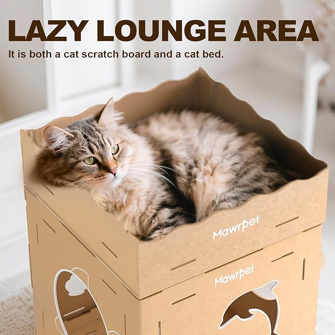DIY Cardboard Cat House with Scratching Pad, Cat Tower Indoor Play House, Versatile Cardboard Cat Tunnel Box for One or More Pets, Indoor Use Rabbit Hideout Cave Castle Brown, 3 Parts